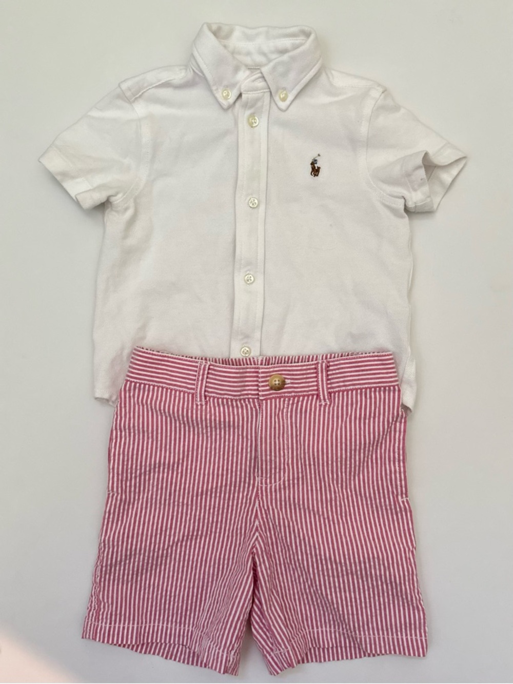 Ralph Lauren Knit Oxford Shirt & Seersucker Short Set Pink & White 24M